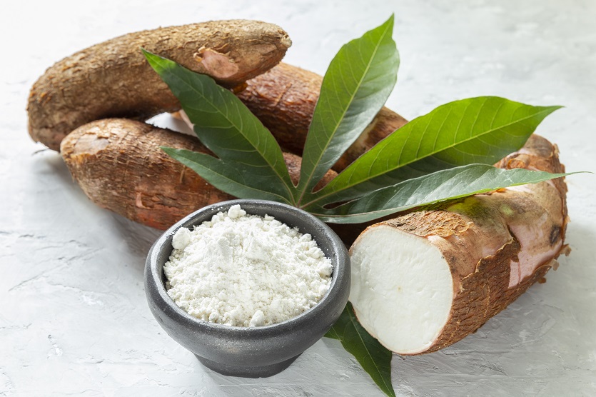 cassava root and tapioca starch on display